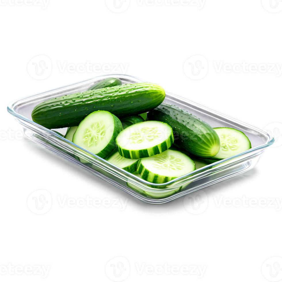 AI Generated Crisp, fresh cucumber slices in a rectangular glass container, photographed from the side. Healthy eating concept. png
