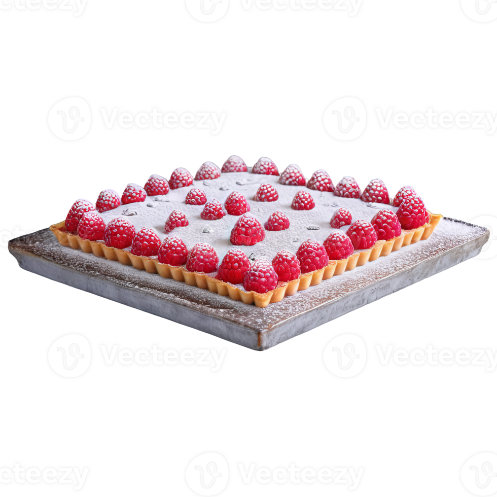 AI Generated raspberry tart, topped with fresh raspberries and a dusting of powdered sugar, png