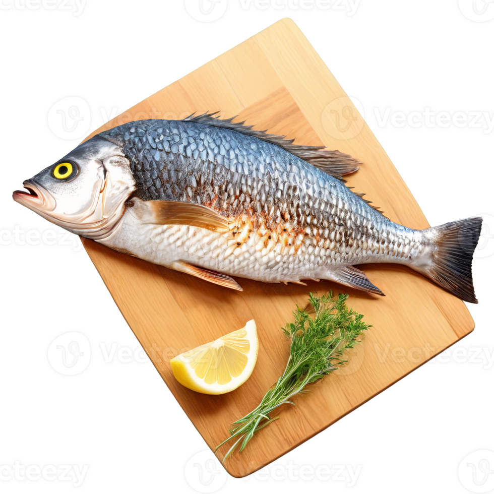 AI Generated A side view of a grilled whole fish, showcasing its crispy skin and flaky flesh, png