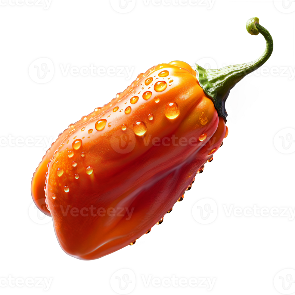 AI Generated A close-up shot of a single orange Caribbean Red Habanero pepper, with water droplets png