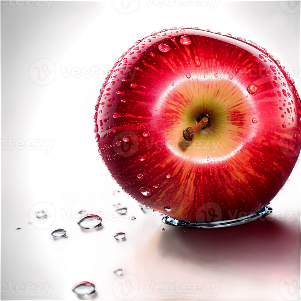 AI Generated Apple. A vibrant red apple, glistening with droplets of water, isolated on transparent background png