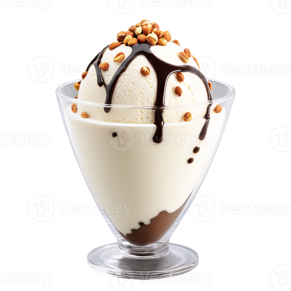 AI Generated Creamy vanilla ice cream in a cylindrical glass vase, shot from a low angle, with a drizzle of chocolate, isolated on transparent background png