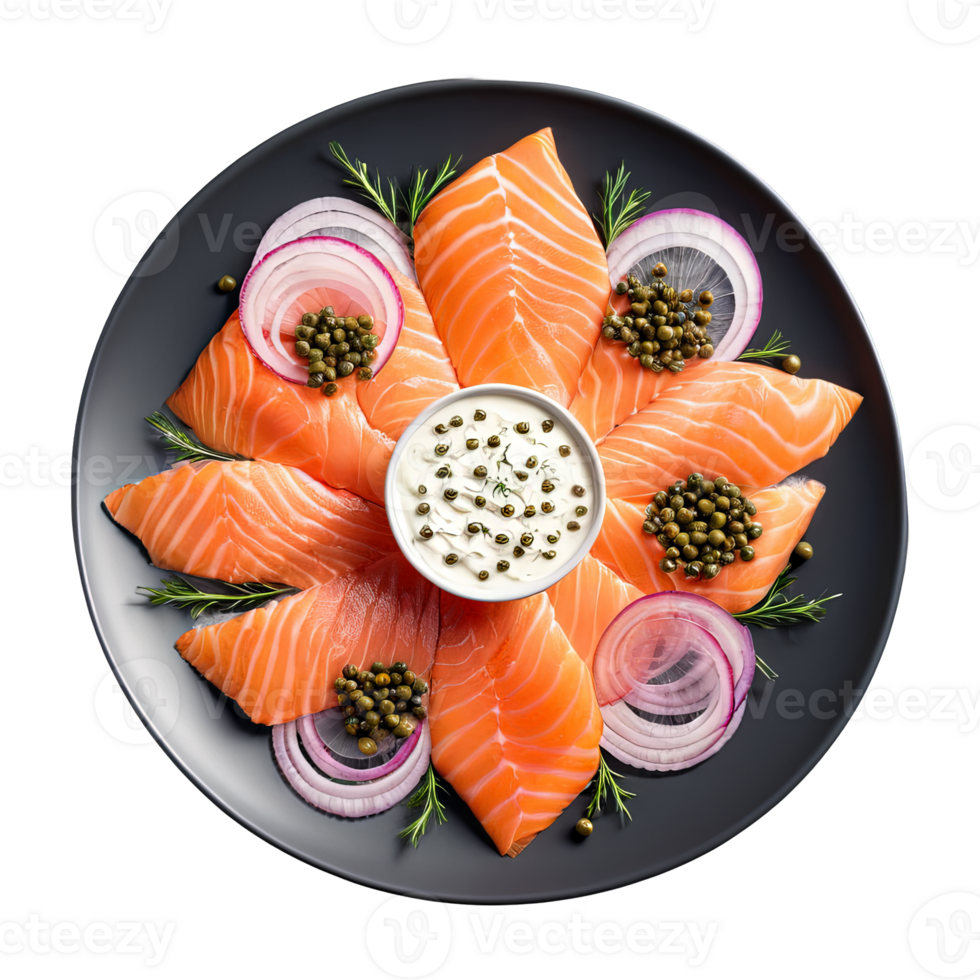 AI Generated An overhead view of a smoked salmon platter, showcasing thinly sliced smoked salmon, garnished with capers png