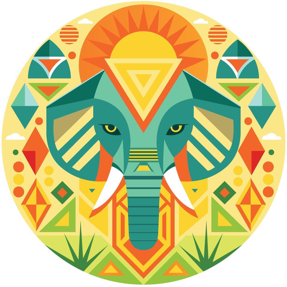 Front view of African mask shaped like an elephant head in geometric style with warm colors vector