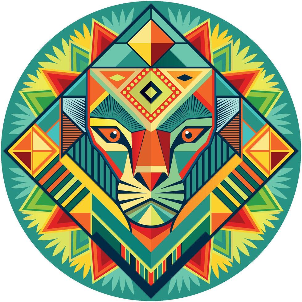 Front view of African mask shaped like a lion head in geometric style with warm colors vector