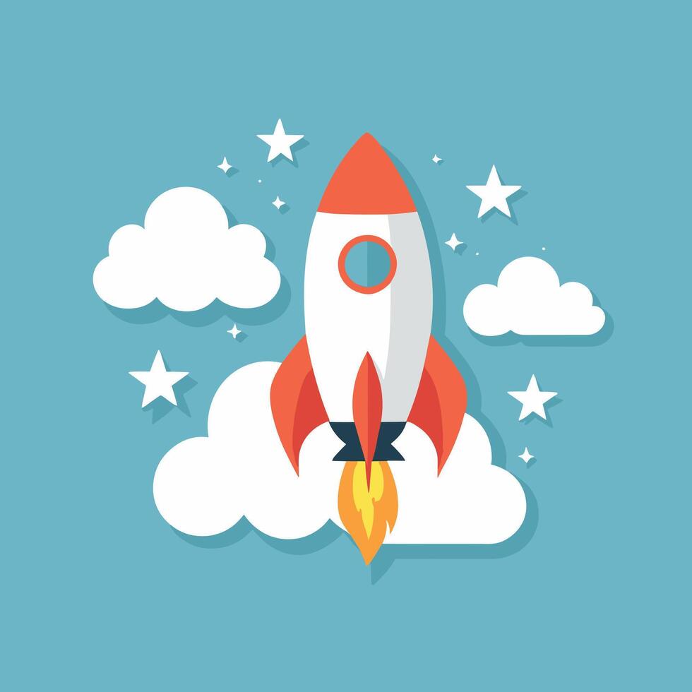 Rocket launch illustration with clouds vector art