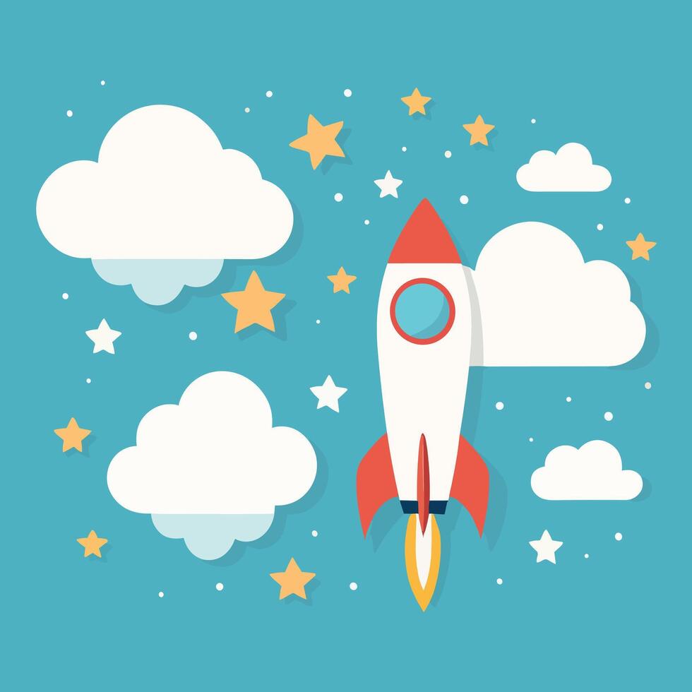 Rocket launch illustration with clouds vector art