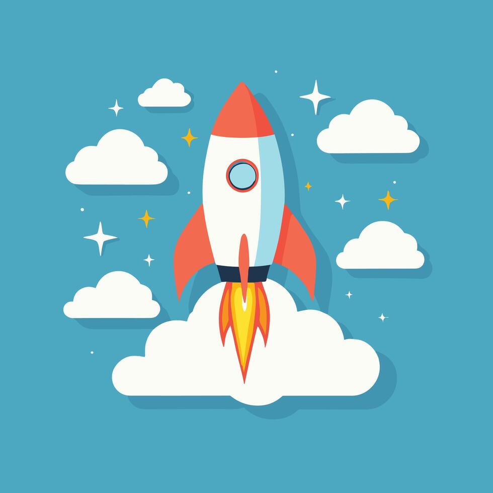 Rocket launch illustration with clouds vector art