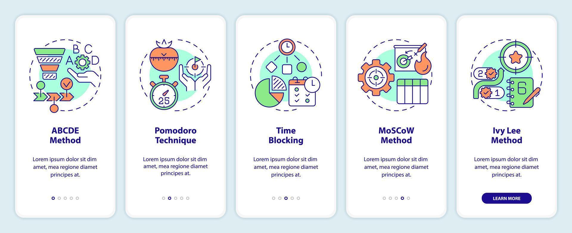 Prioritization techniques onboarding mobile app screen. Walkthrough 5 steps editable graphic instructions with linear concepts. UI, UX, GUI template vector