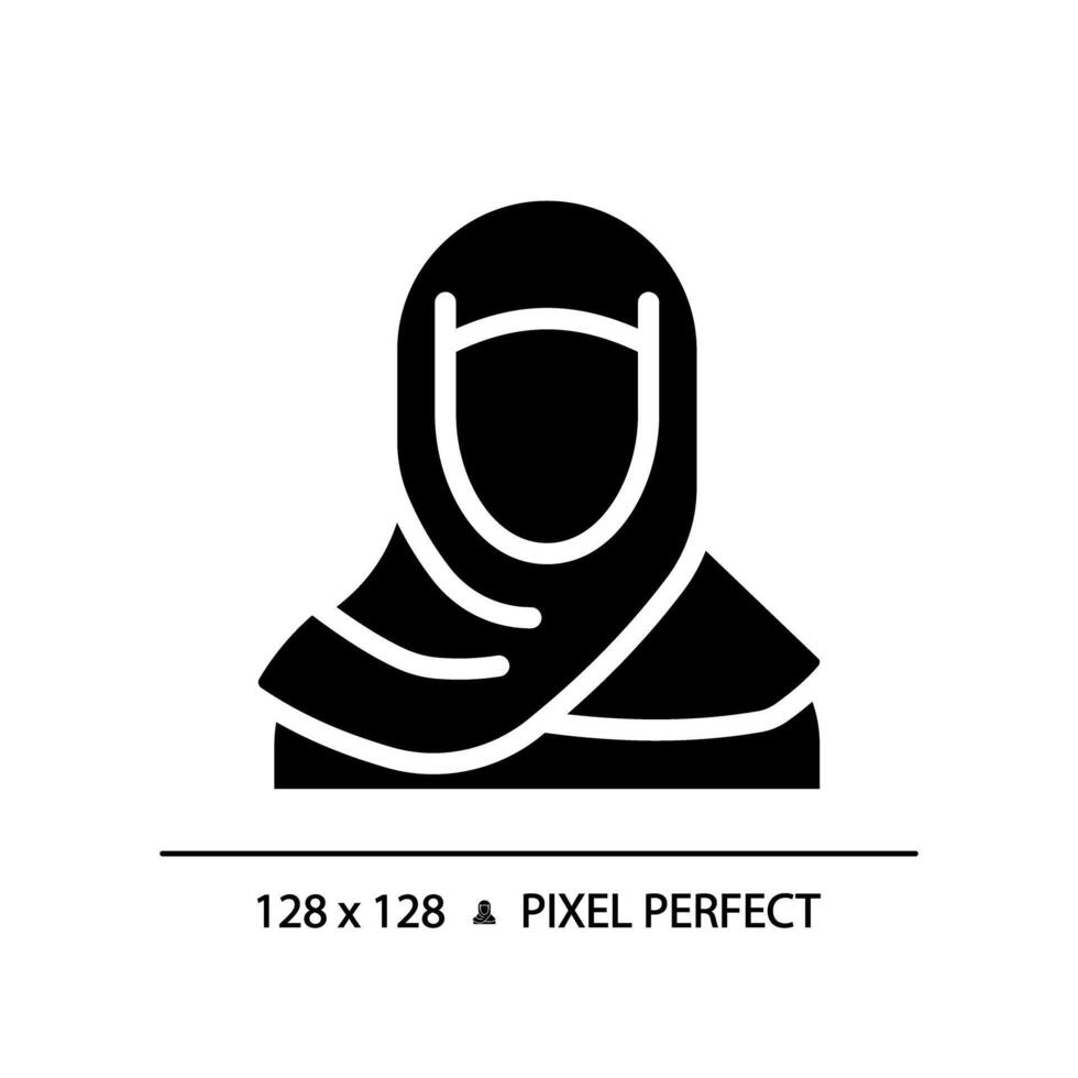 Abaya muslim woman black glyph icon. Islamic hijab female. Traditional headscarf cover. Historical religious style. Silhouette symbol on white space. Solid pictogram. Vector isolated illustration
