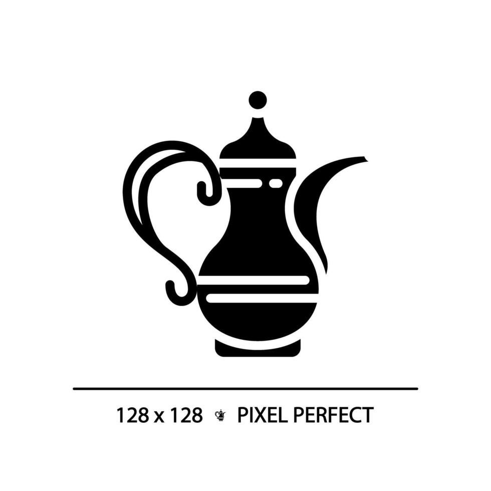Arabic coffee pot black glyph icon. Antique handmade traditional pot. Luxury souvenir. Unique prestigious culture. Silhouette symbol on white space. Solid pictogram. Vector isolated illustration