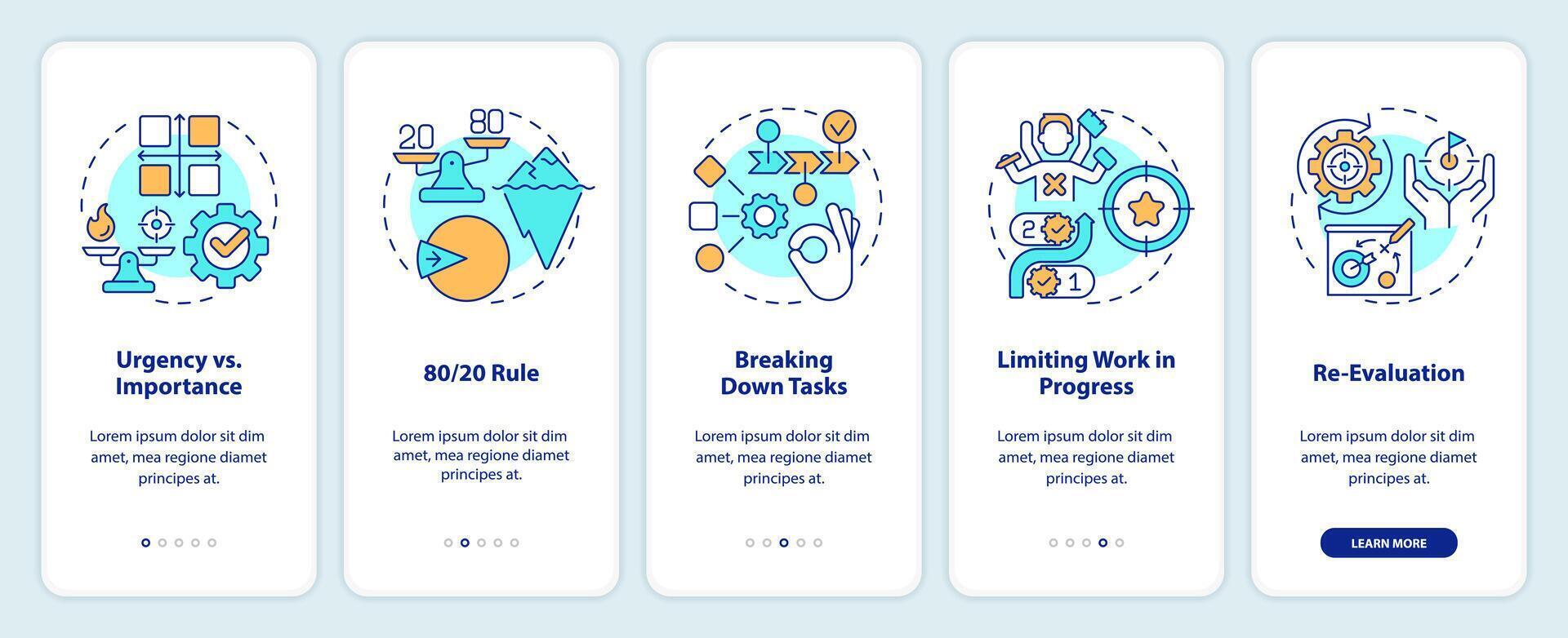 Prioritization principles onboarding mobile app screen. Walkthrough 5 steps editable graphic instructions with linear concepts. UI, UX, GUI template vector