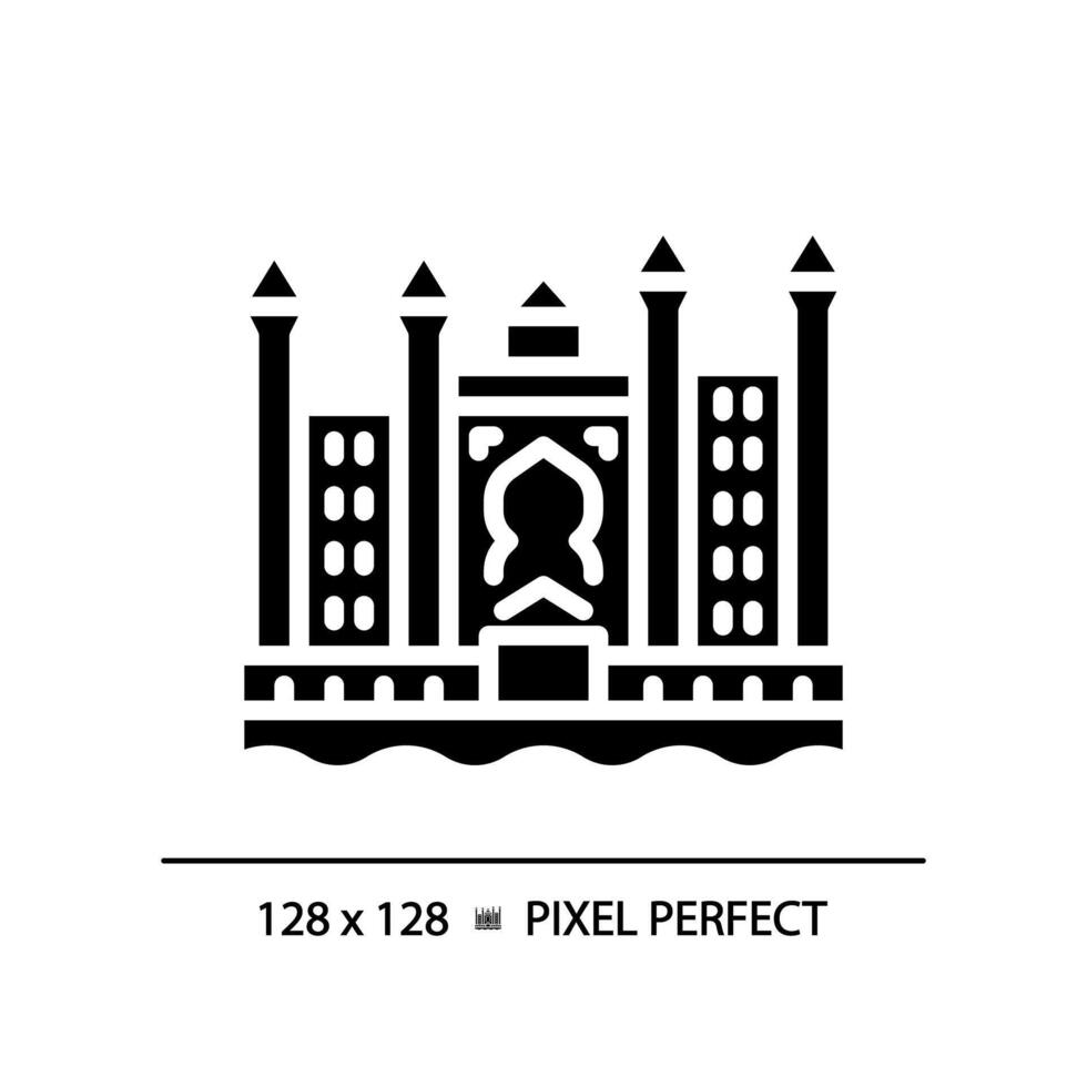 Dubai resort complex black glyph icon. Skyscrapers luxury tourism. Magnificent royal landmark. Uae hotel seaside. Silhouette symbol on white space. Solid pictogram. Vector isolated illustration
