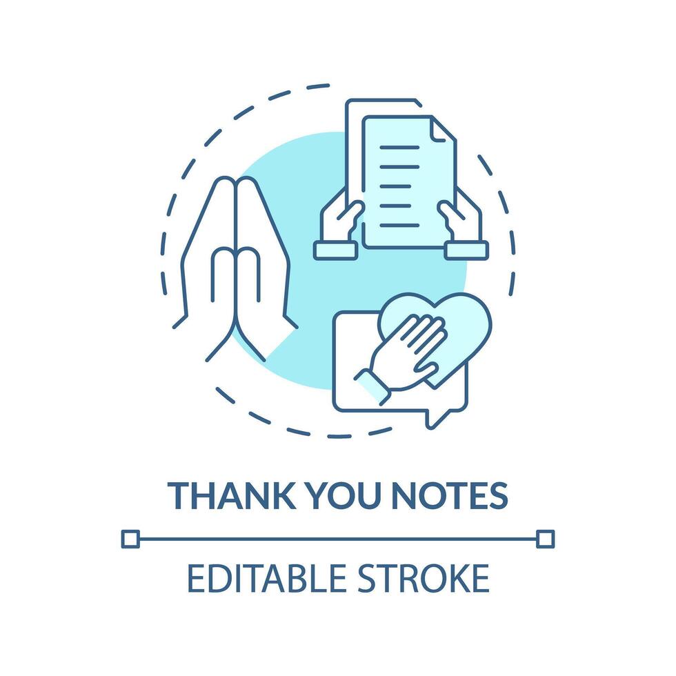 Thank you notes soft blue concept icon. Employee recognition. Handwritten message for coworker. Express gratitude. Round shape line illustration. Abstract idea. Graphic design. Easy to use vector