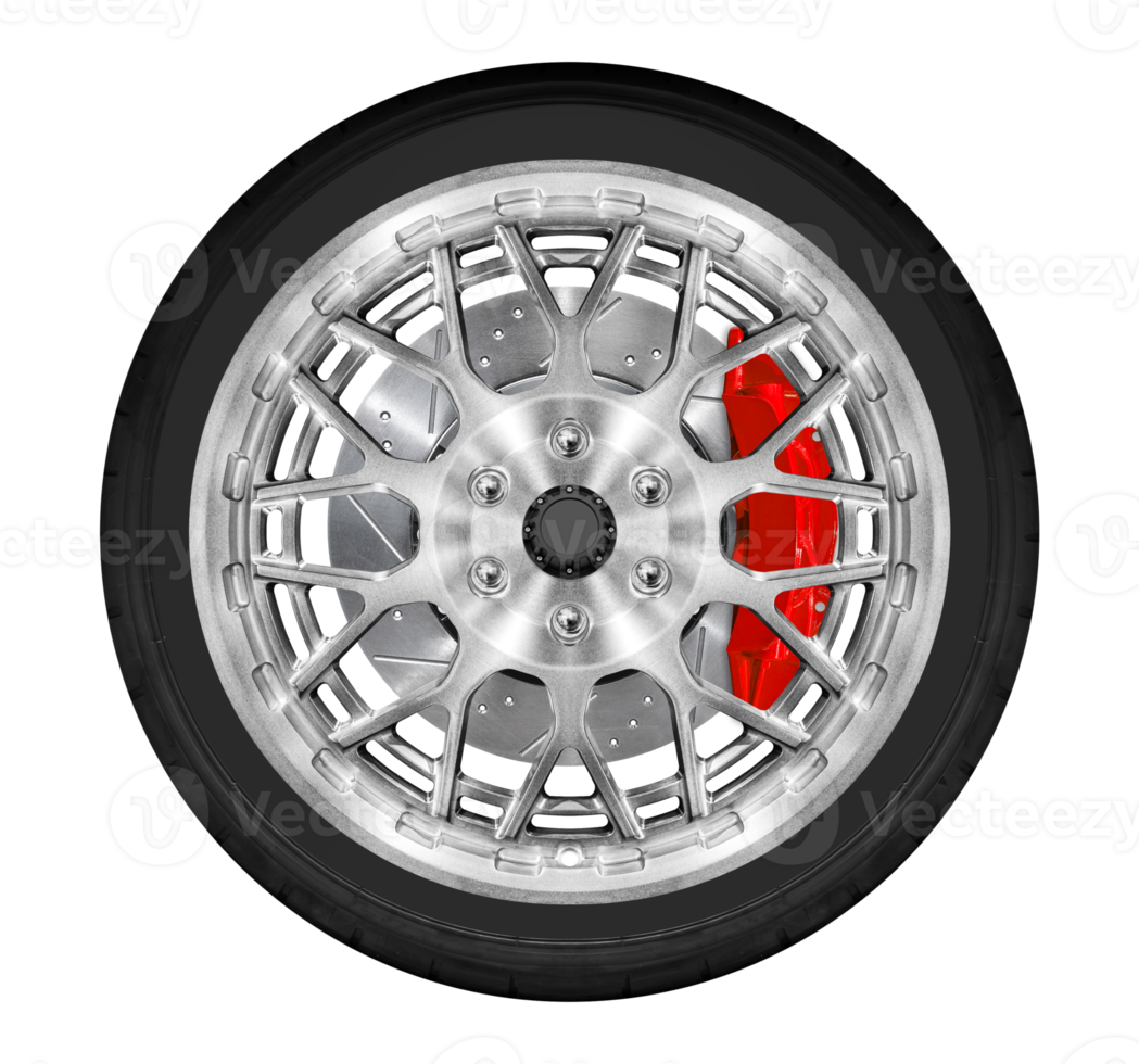 Silver car wheel with brake caliper brake disc and tire png
