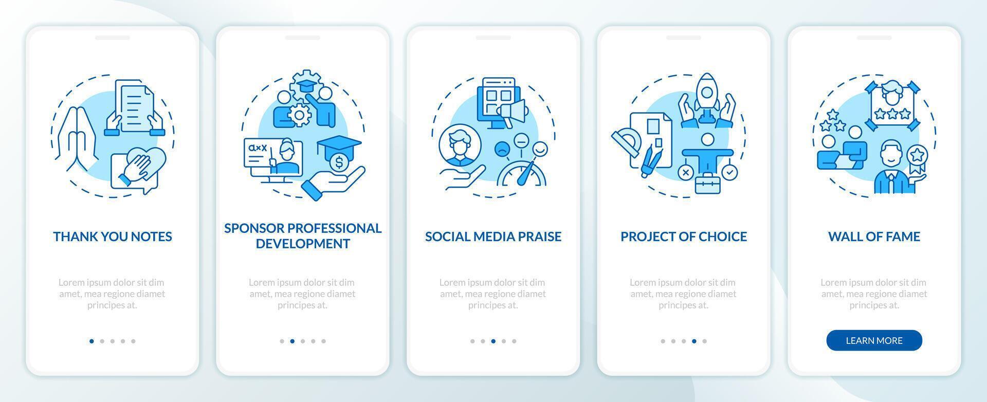 Employee acknowledgement blue onboarding mobile app screen. Walkthrough 5 steps editable graphic instructions with linear concepts. UI, UX, GUI template vector