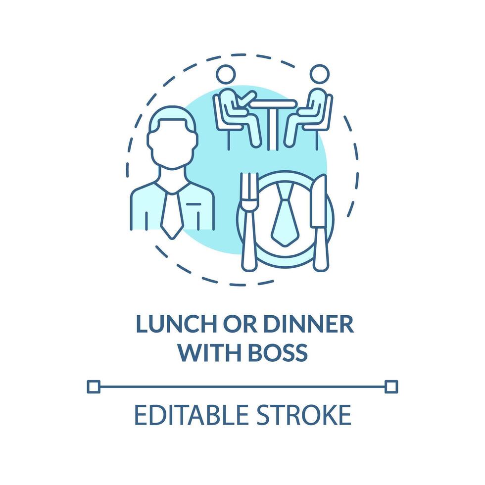 Lunch or dinner with boss soft blue concept icon. Boss and employee one on one meeting. Business meal. Employee recognition. Round shape line illustration. Abstract idea. Graphic design. Easy to use vector