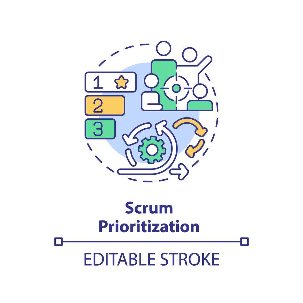 Scrum prioritization multi color concept icon. Teamwork organization. Round shape line illustration. Abstract idea. Graphic design. Easy to use in infographic, promotional material, article, blog post vector