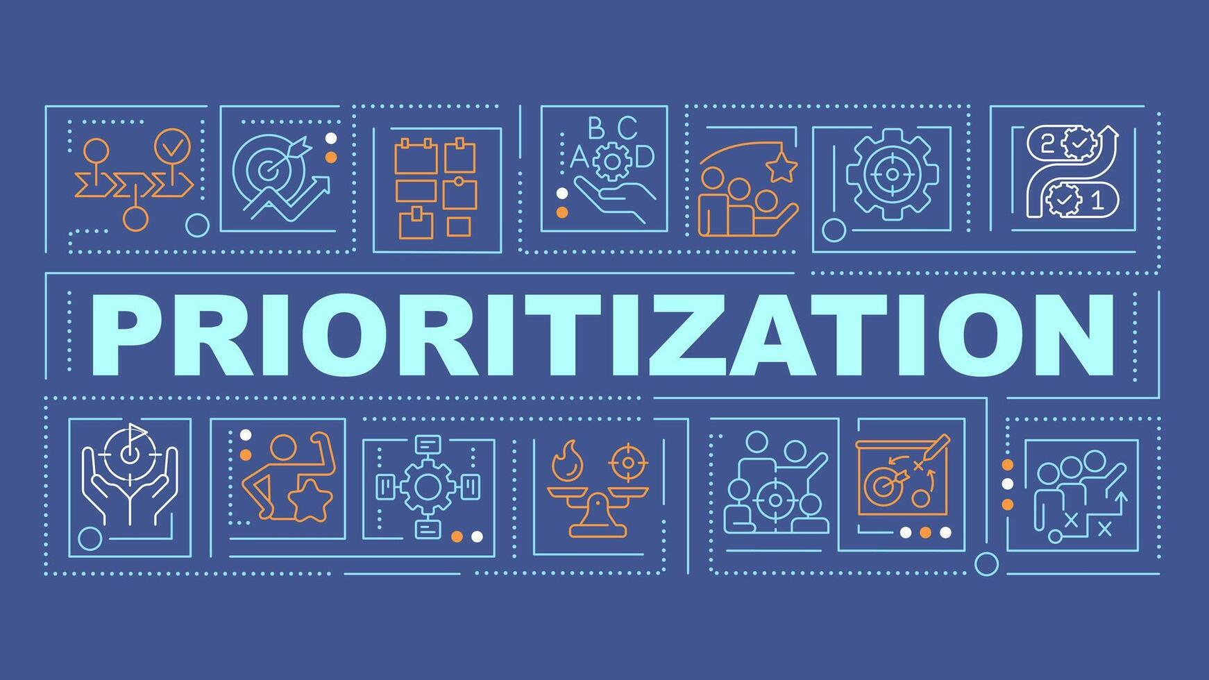 Prioritization blue word concept. Task management. Focus control. Typography banner. Flat design. Vector illustration with title text, editable line icons. Ready to use