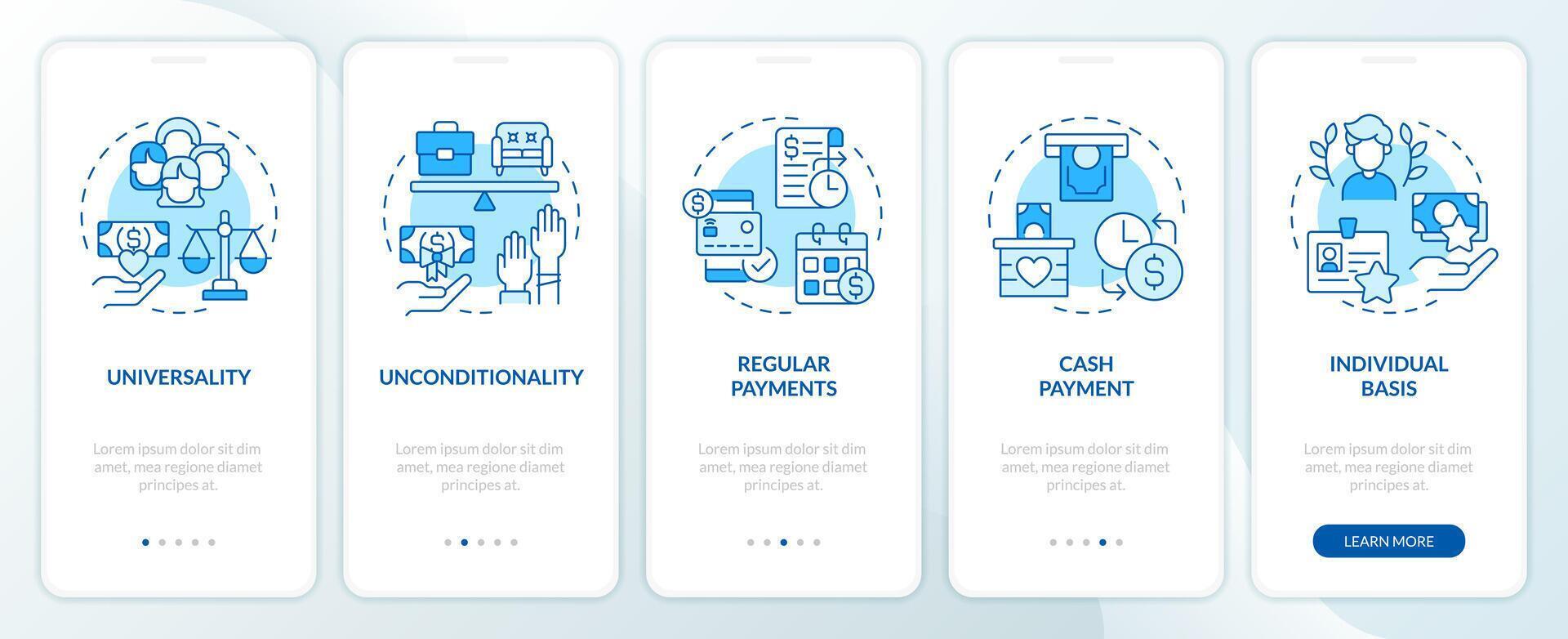 Wages and salaries blue onboarding mobile app screen. Unequal income. Walkthrough 5 steps editable graphic instructions with linear concepts. UI, UX, GUI template vector