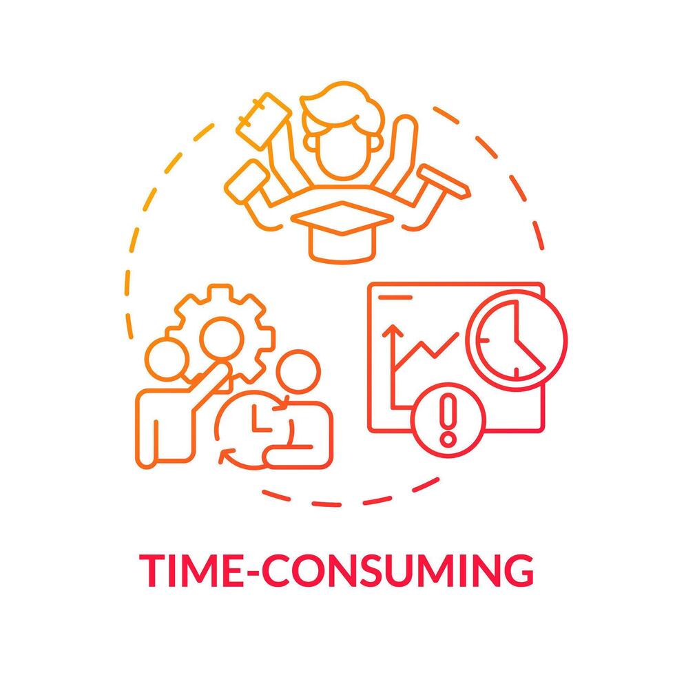 Time-consuming red gradient concept icon. Multitasking. Time limits. More time-consuming tasks. Round shape line illustration. Abstract idea. Graphic design. Easy to use in presentation vector