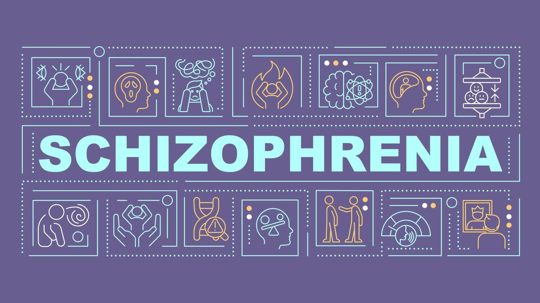 Schizophrenia blue word concept. Personality disorder. Psychotic symptoms. Typography banner. Flat design. Vector illustration with title text, editable line icons. Ready to use