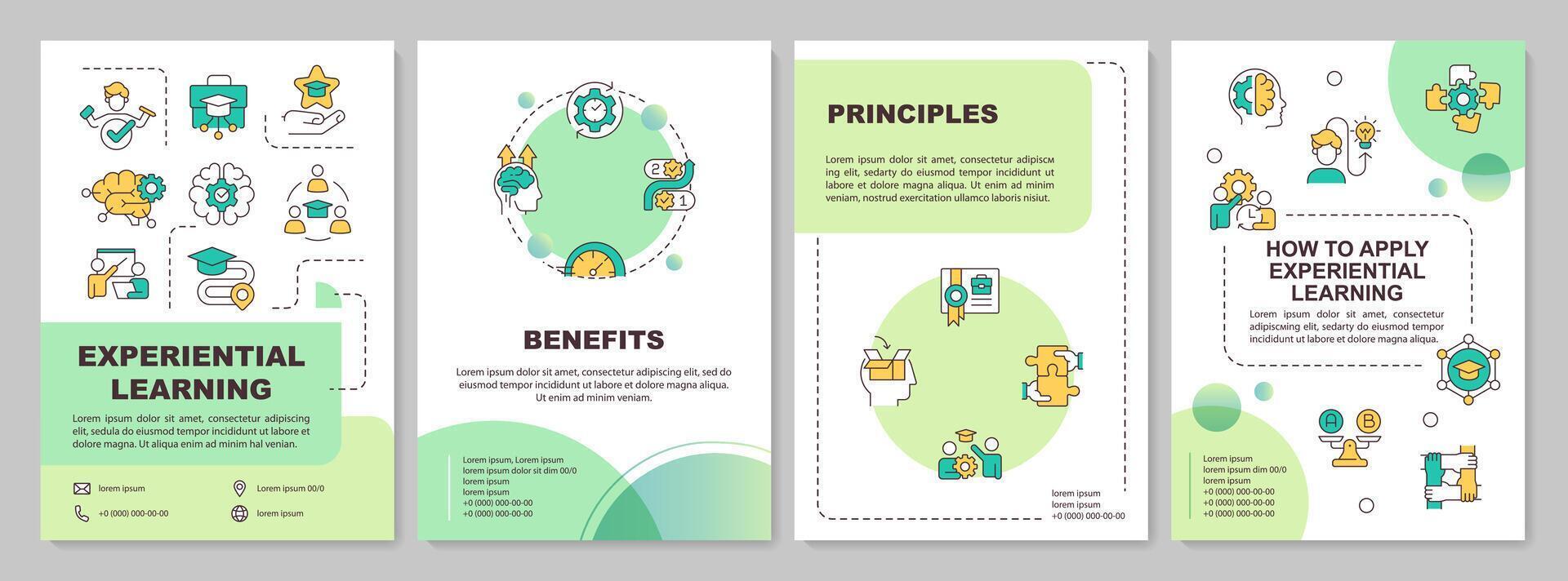 Experiential learning benefits green circle brochure template. Leaflet design with linear icons. Editable 4 vector layouts for presentation, annual reports