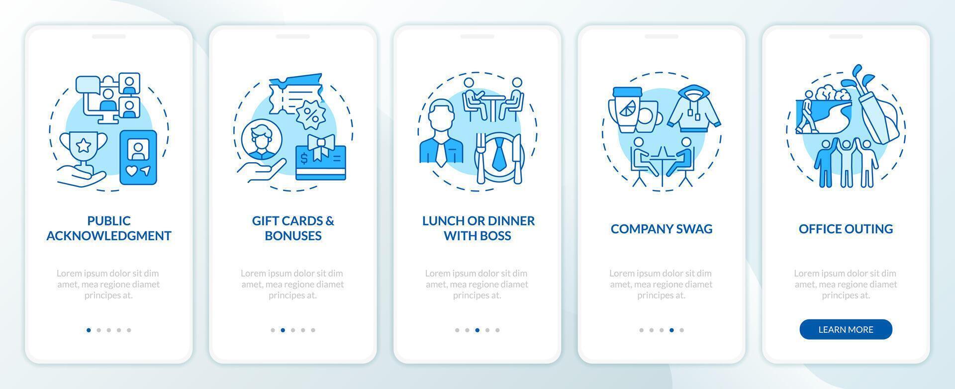 Employee recognition ideas blue onboarding mobile app screen. Walkthrough 5 steps editable graphic instructions with linear concepts. UI, UX, GUI template vector