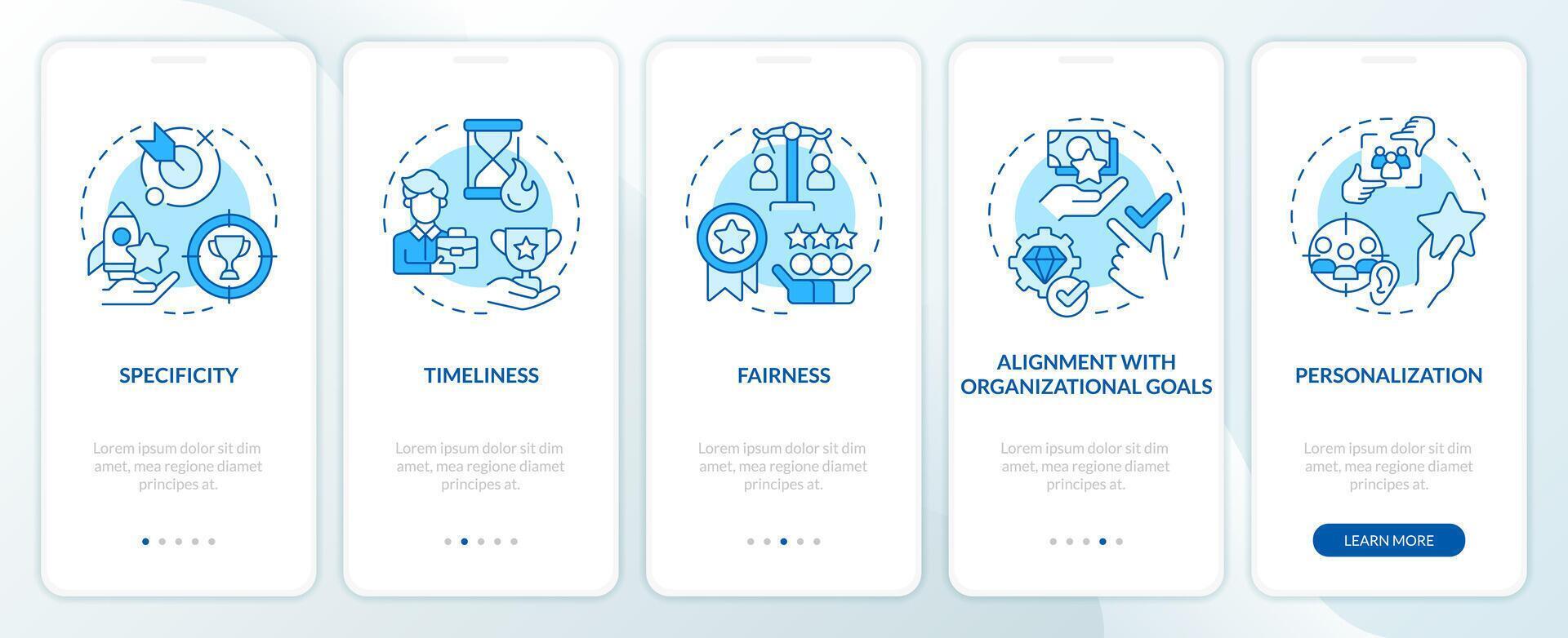 Employee recognition criteria blue onboarding mobile app screen. Walkthrough 5 steps editable graphic instructions with linear concepts. UI, UX, GUI template vector