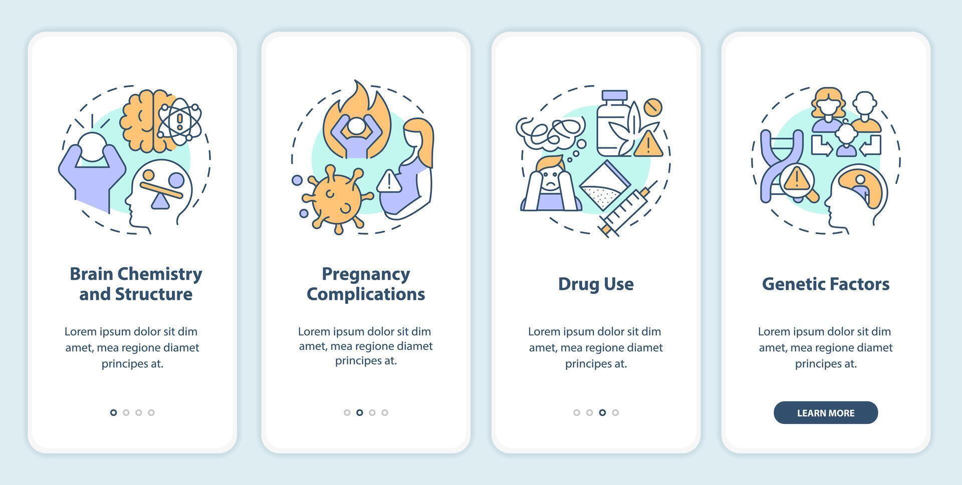 Schizophrenia causes onboarding mobile app screen. Risk factors. Walkthrough 4 steps editable graphic instructions with linear concepts. UI, UX, GUI template vector