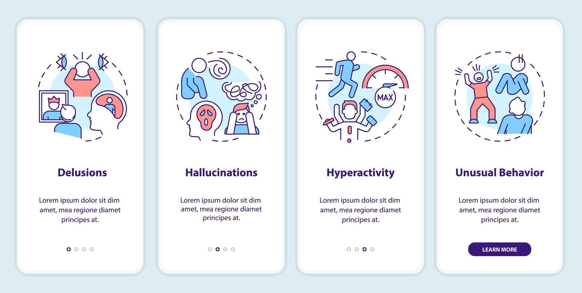 Schizophrenia positive symptoms onboarding mobile app screen. Walkthrough 4 steps editable graphic instructions with linear concepts. UI, UX, GUI template vector