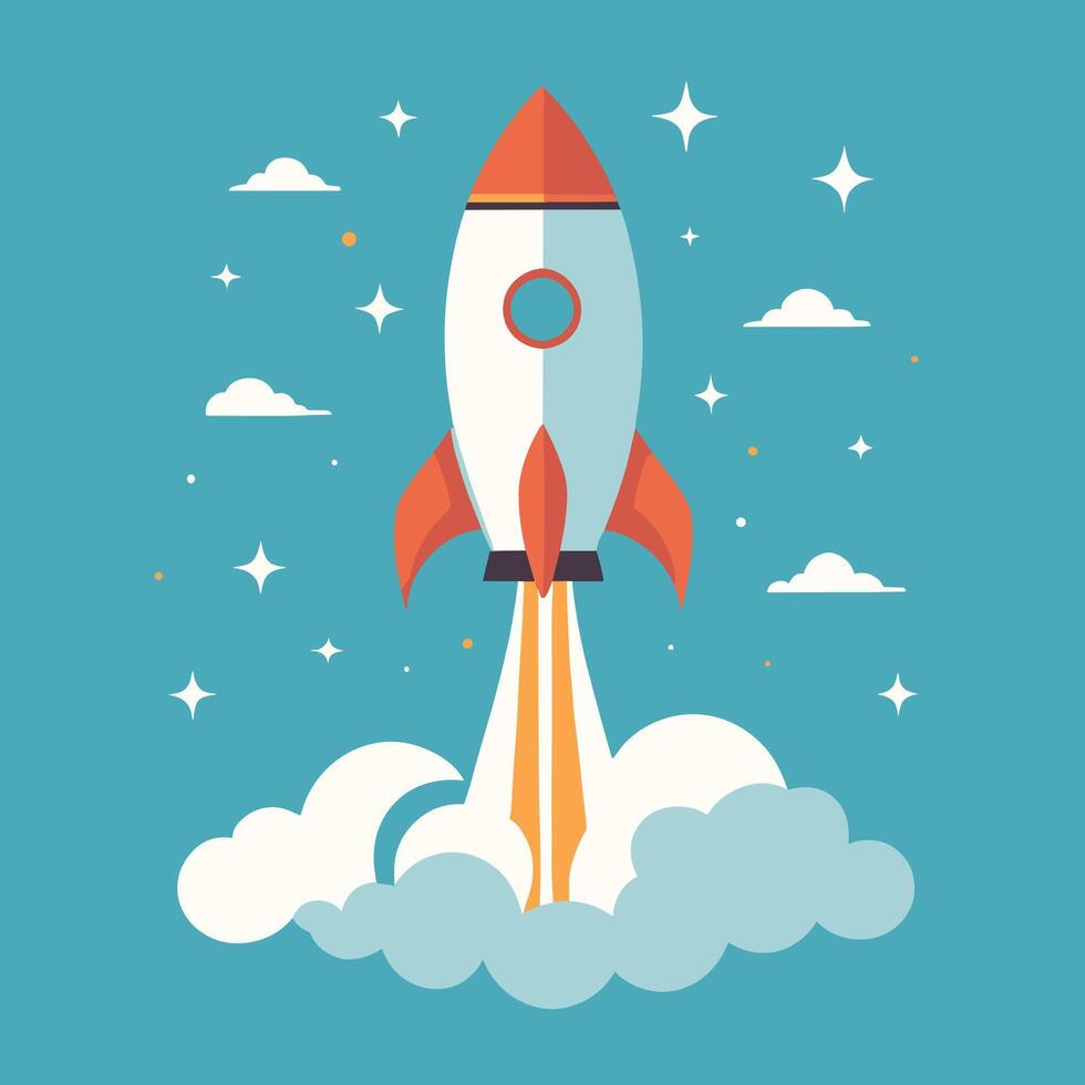 Rocket launch illustration with clouds vector art