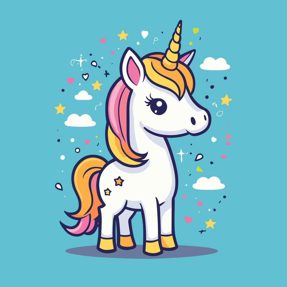 Cute kawaii unicorn illustration colorful vector art for children