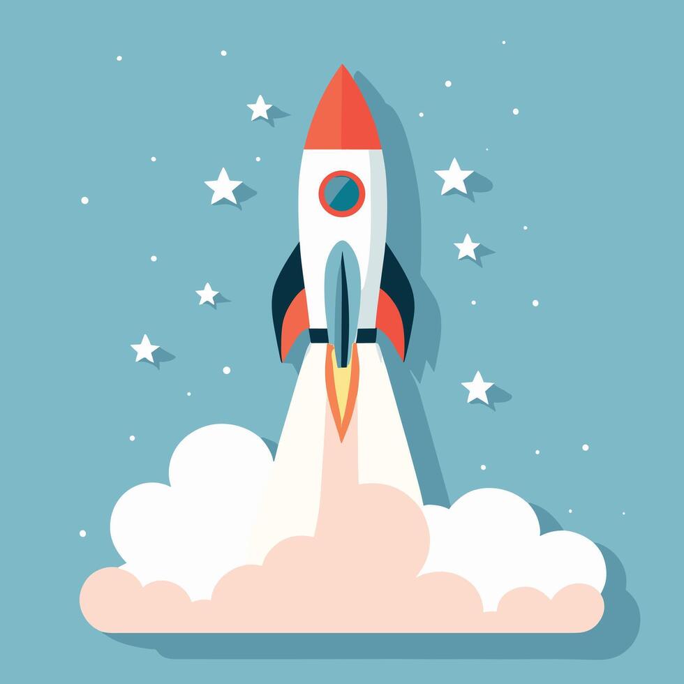 Rocket launch illustration with clouds vector art