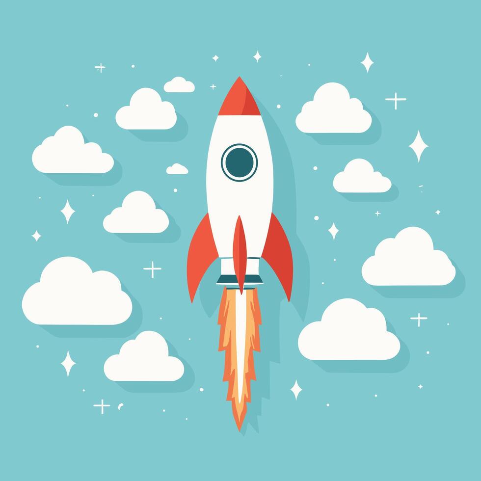 Rocket launch illustration with clouds vector art