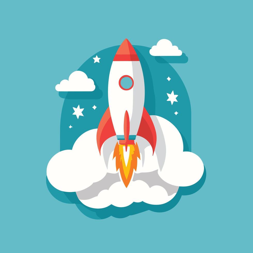 Rocket launch illustration with clouds vector art