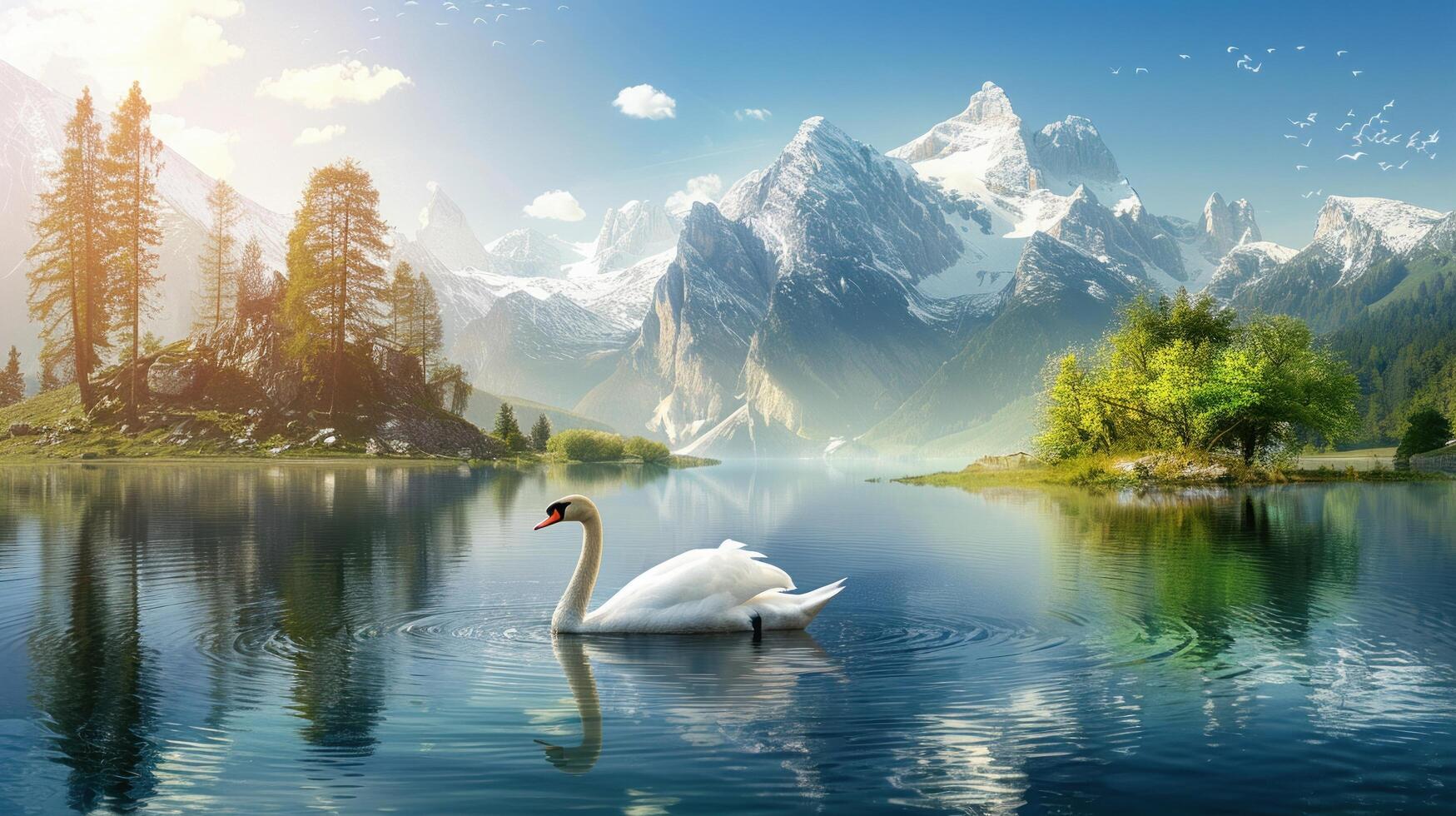 AI generated A beautiful landscape with a swan floating on the lake. photo