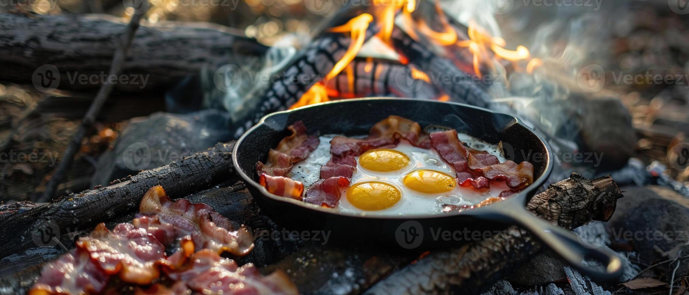 AI generated A hearty breakfast of bacon and eggs sizzles in a cast iron skillet over an open campfire photo