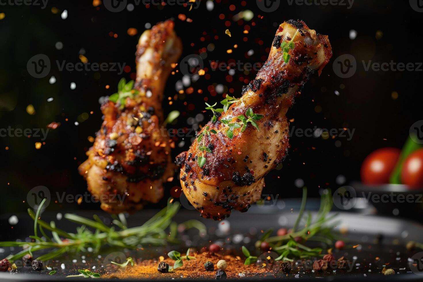 AI generated A Spiced chicken drumsticks levitating in a dynamic display with a burst of herbs and spices against a dark backdrop. photo