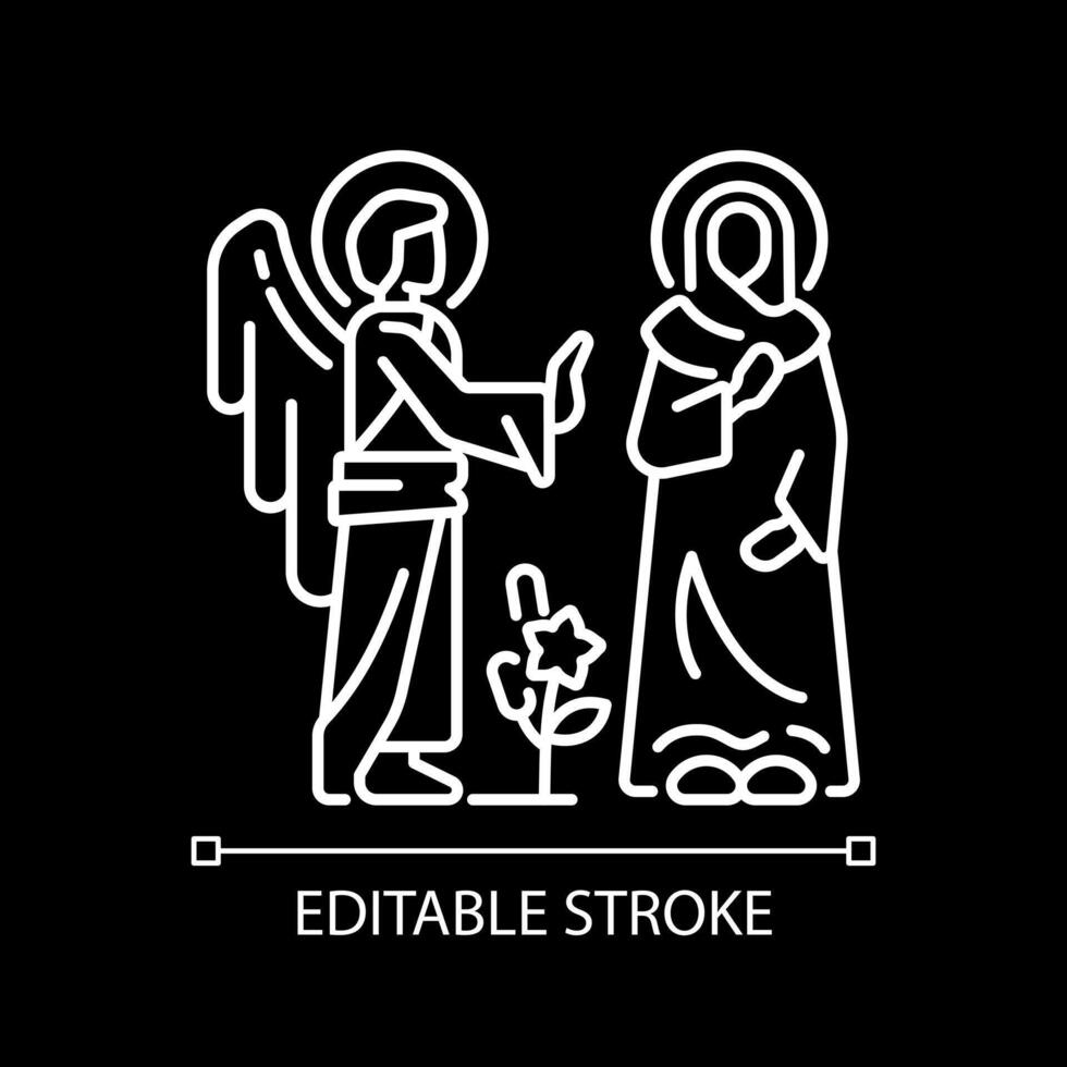 Annunciation white linear icon for dark theme. Virgin Mary with Angel Gabriel. Mary becomes mother of Jesus Christ. Isolated vector illustration. Simple filled line drawing. Editable stroke