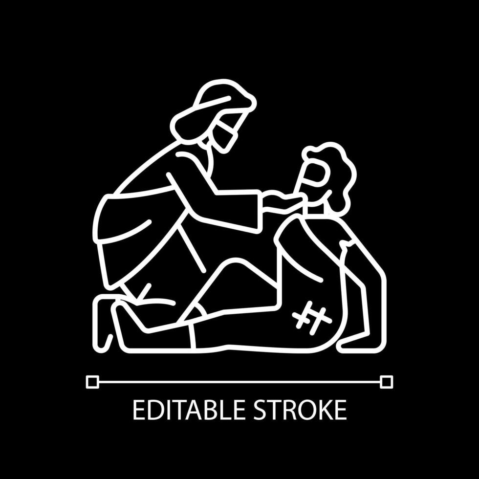 Good samaritan white linear icon for dark theme. Parable told by Jesus Christ. Samaritan helps injured traveler. Isolated vector illustration. Simple filled line drawing. Editable stroke