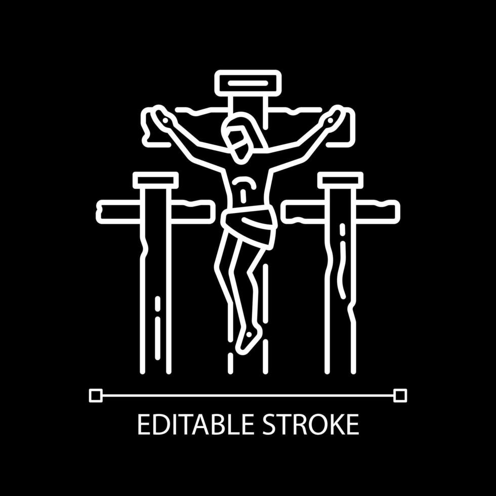 Crucifixion of Jesus white linear icon for dark theme. Jesus Christ dying on cross. Good friday. Christian religion. Isolated vector illustration. Simple filled line drawing. Editable stroke
