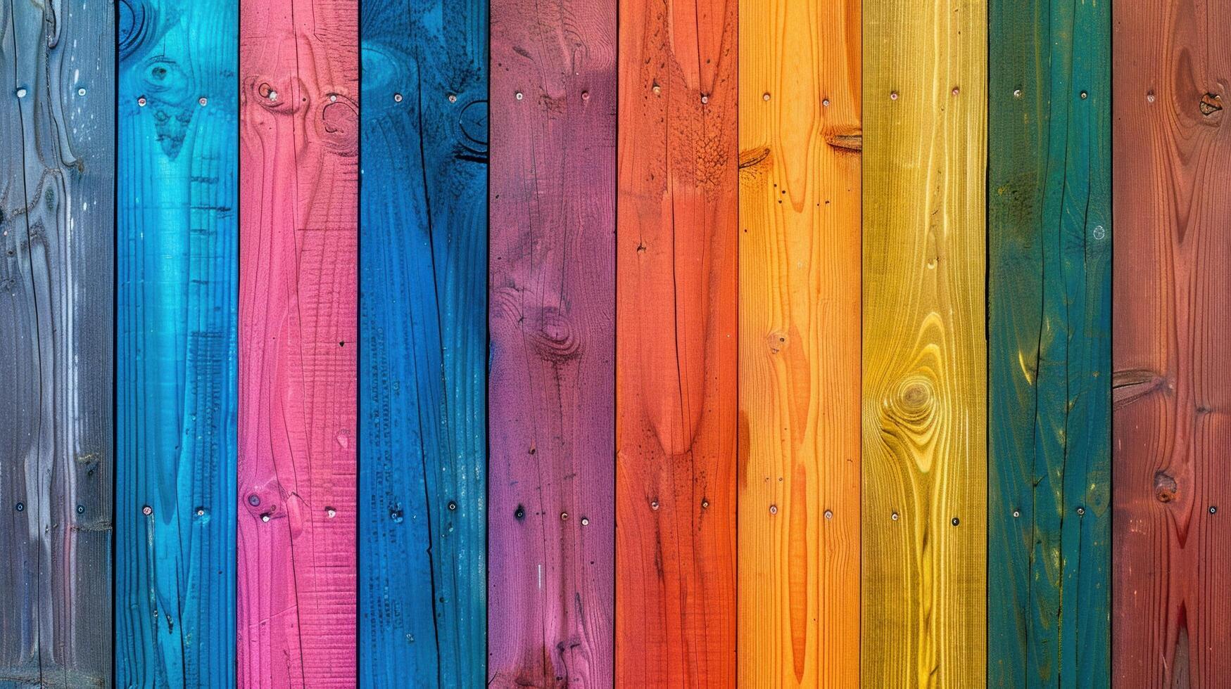 ai generado un lleno espectro de arco iris colores pinturas un animado y vibrante de madera tablón antecedentes foto