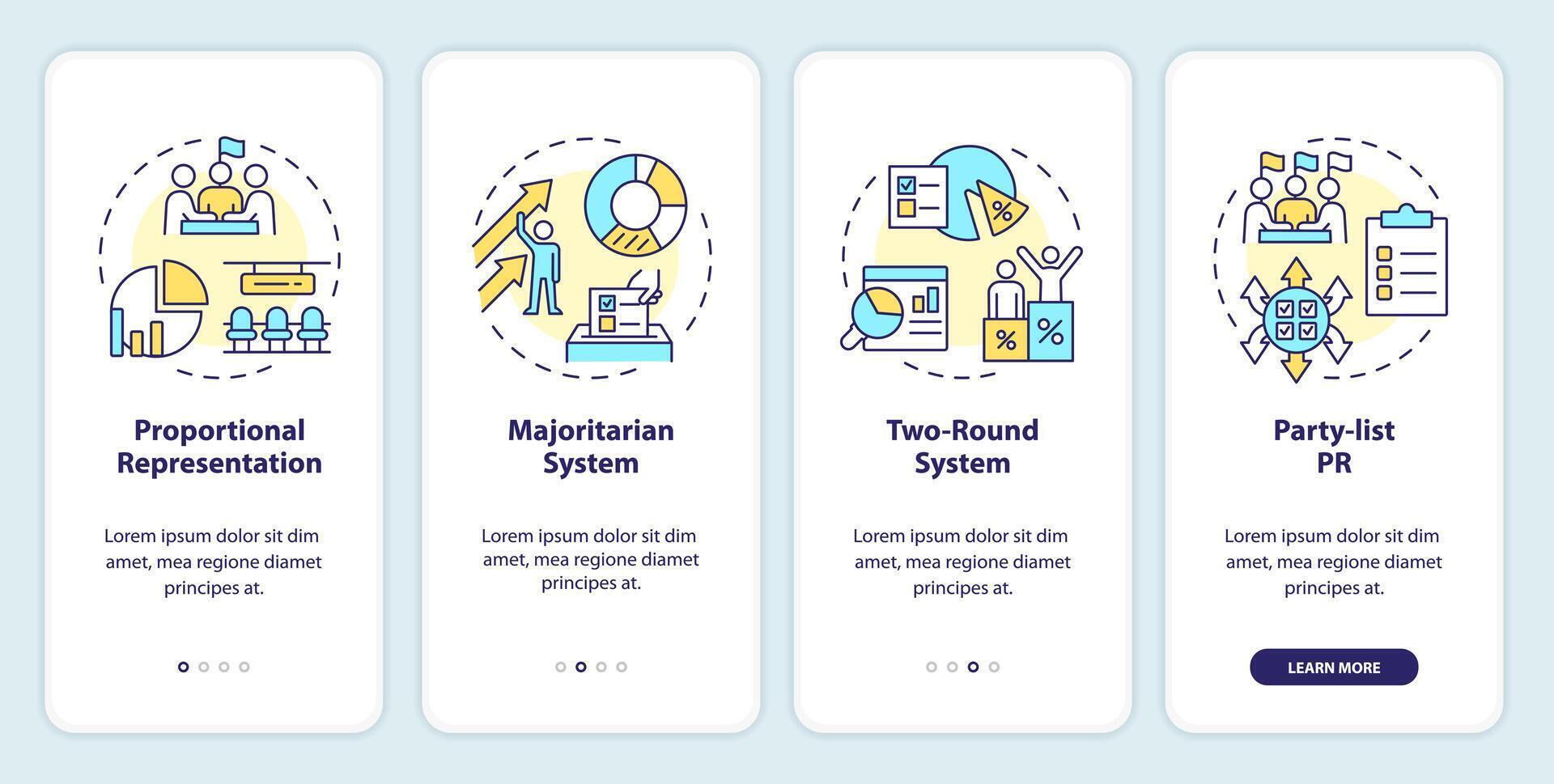 Electoral systems onboarding mobile app screen. Democracy ballots. Walkthrough 4 steps editable graphic instructions with linear concepts. UI, UX, GUI template vector