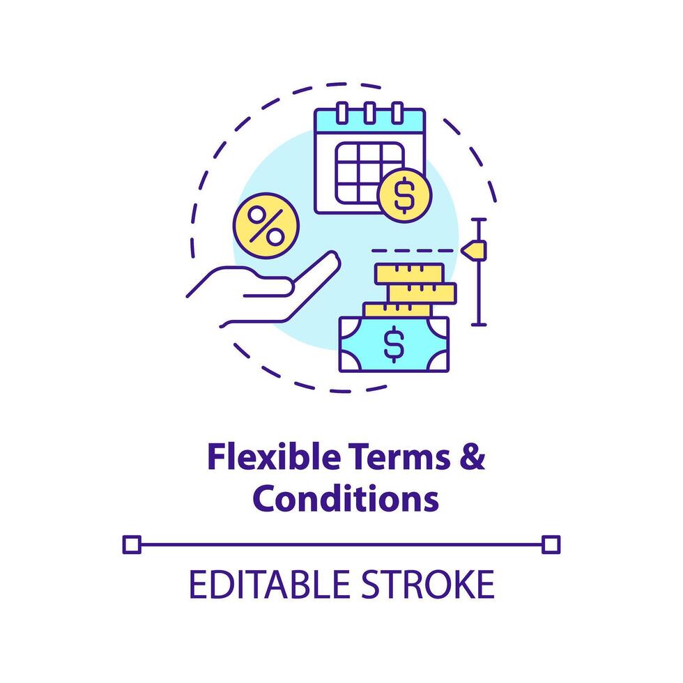 flexible condiciones y condiciones multi color concepto icono. préstamo cantidades y reembolso horarios. redondo forma línea ilustración. resumen idea. gráfico diseño. fácil a utilizar en márketing vector