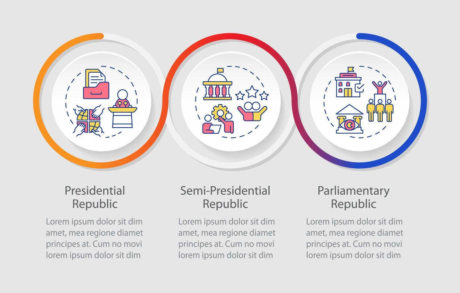 Government political system circle infographic template. Data visualization with 3 steps. Editable timeline info chart. Workflow layout with line icons vector