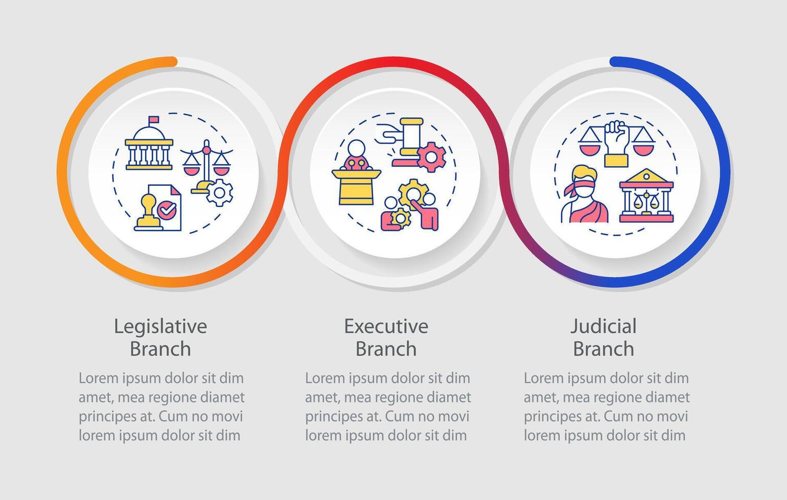 gobierno rama estructura lazo infografía modelo. social igualdad. datos visualización con 3 pasos. editable cronograma informacion cuadro. flujo de trabajo diseño con línea íconos vector