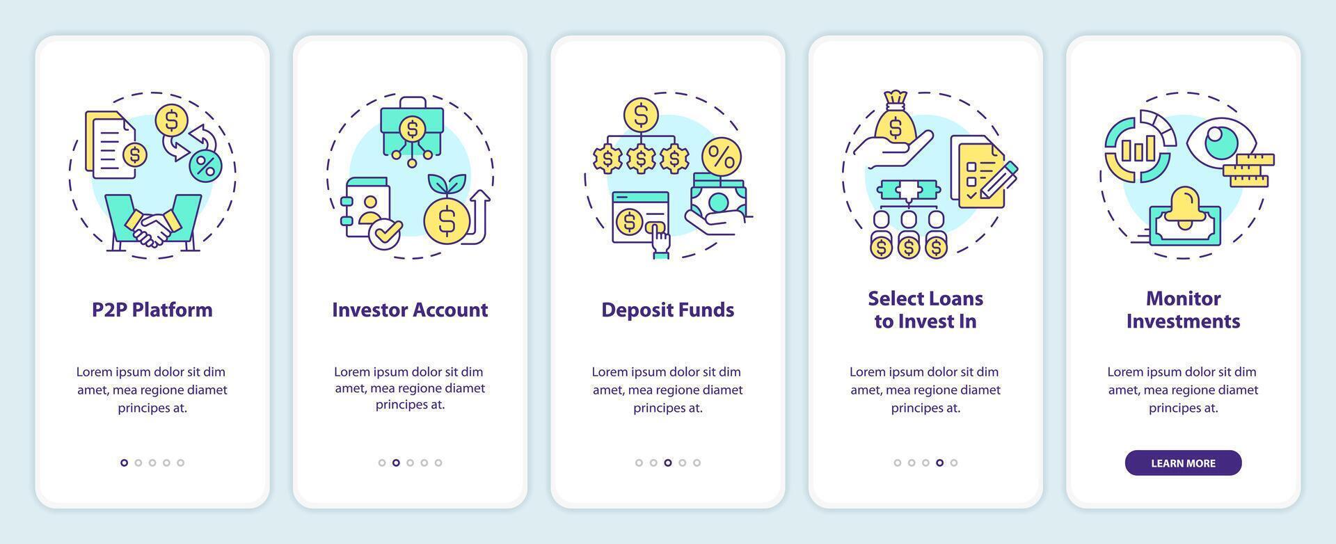 Lending for investors onboarding mobile app screen. P2P platform walkthrough 5 steps editable graphic instructions with linear concepts. UI, UX, GUI template vector