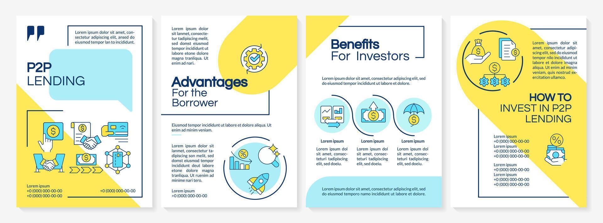 p2p plataforma azul y amarillo folleto modelo. dinero préstamo. folleto diseño con lineal iconos editable 4 4 vector diseños para presentación, anual informes