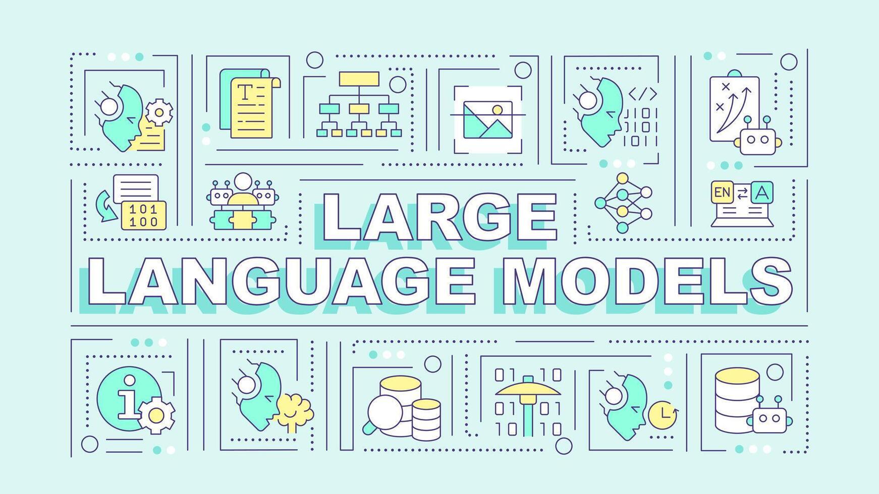 Large language models turquoise word concept. Data management. Typography banner. Flat design. Vector illustration with title text, editable line icons. Ready to use